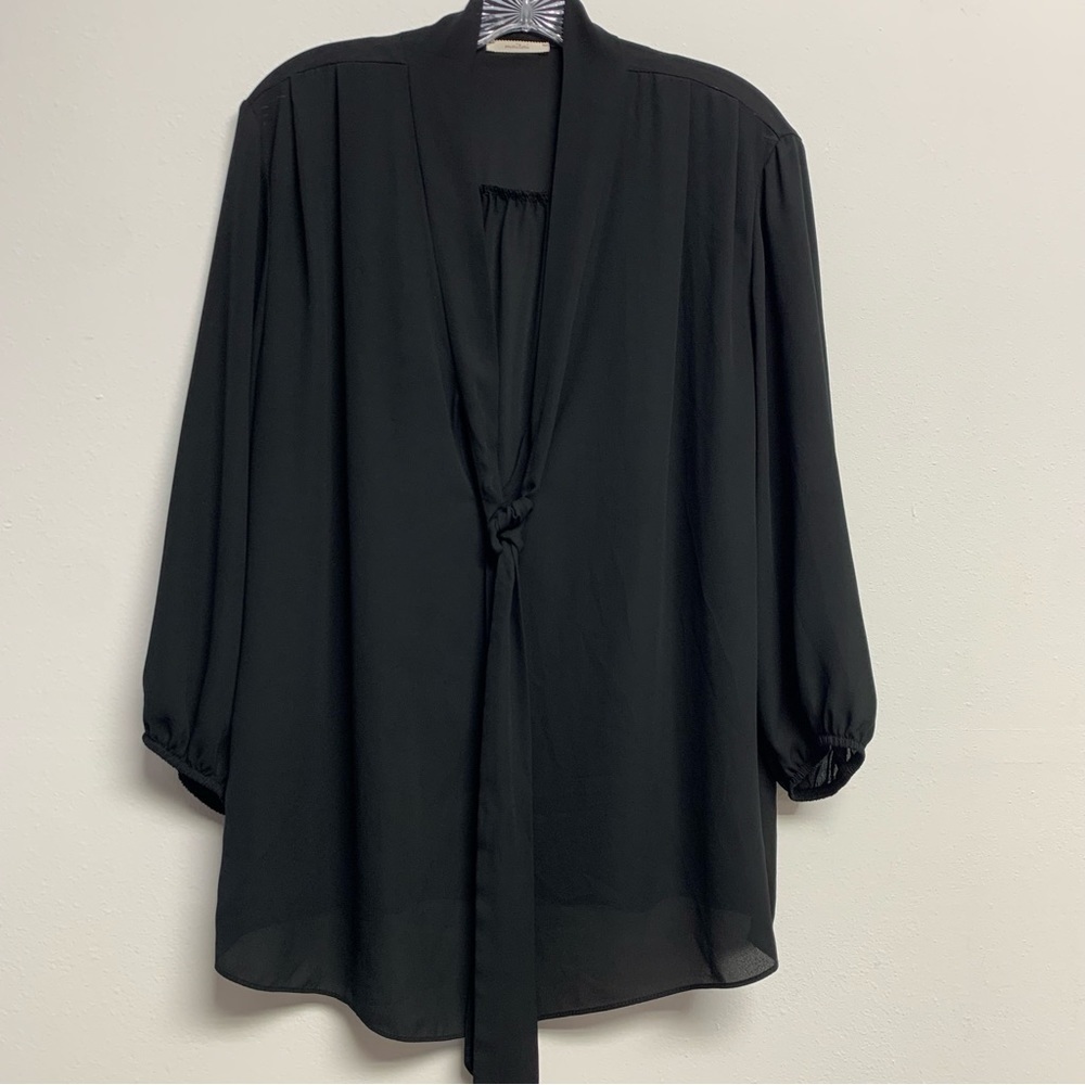 Maitai Black Semi Sheer Blouse Tie V-neck Long Sleeve Size Large Women's Top